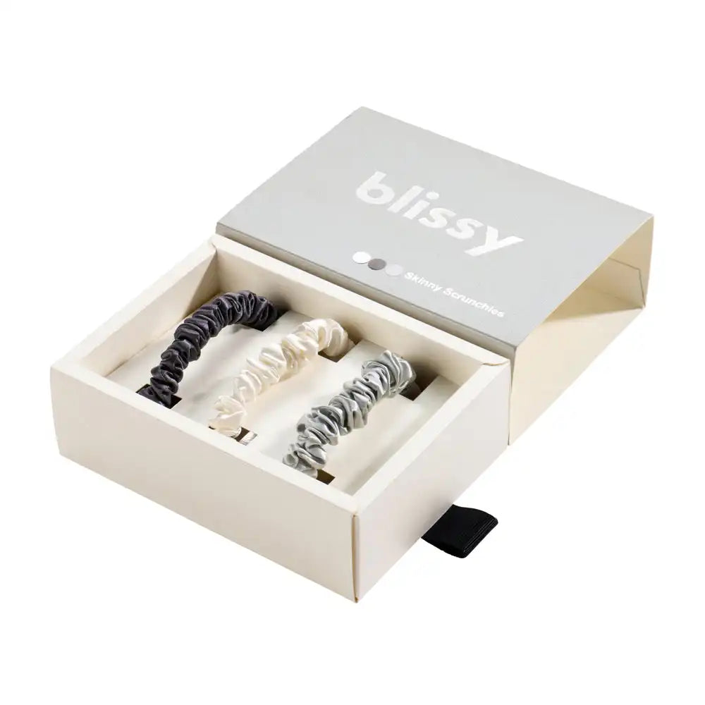 Blissy Skinny Scrunchies - White, Gray, Silver